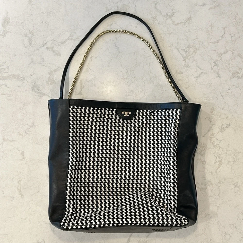 Tory Burch Erica Black/White Leather Woven Large Tote